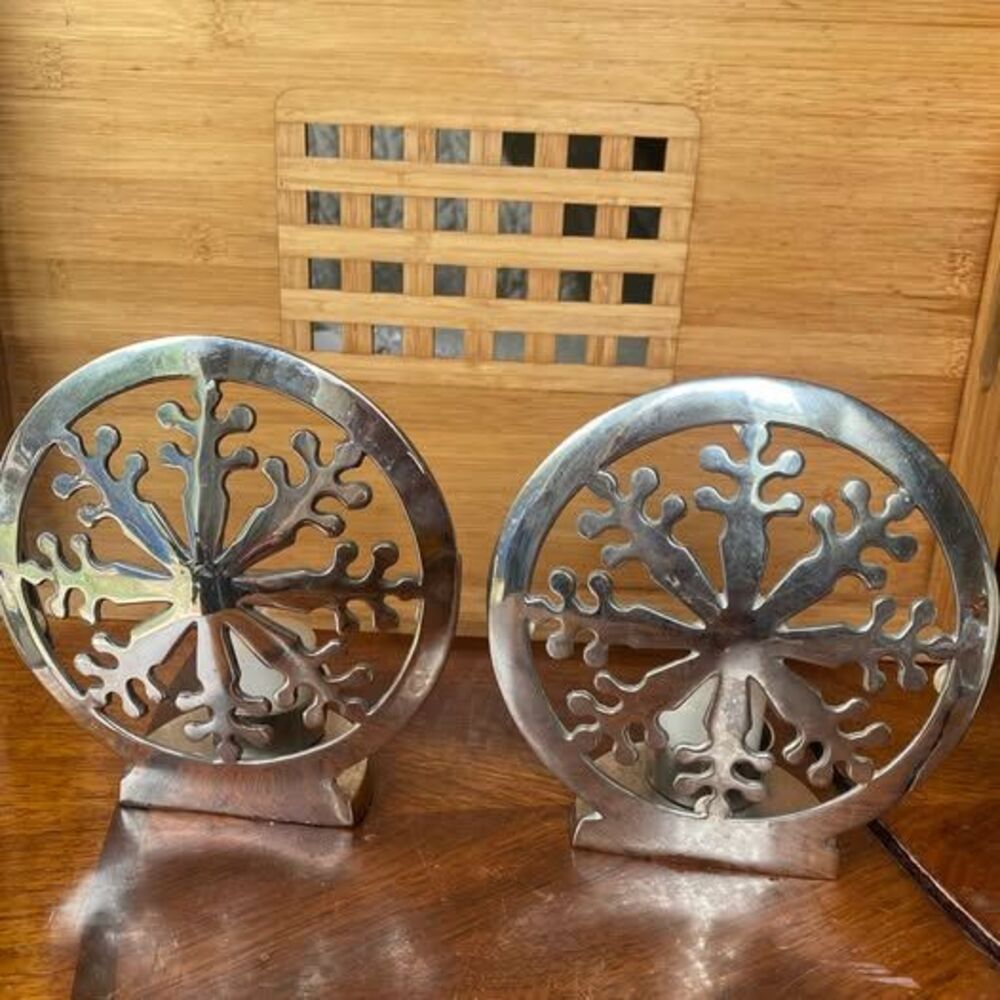 Silver Snowflake Tealight Candle Holders — Pair, 6½" Tall, Pierced Design